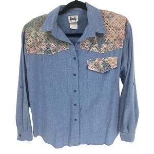 VTG 70s Paisley women M Western blue Floral long sleeve button Sears Boys shirt